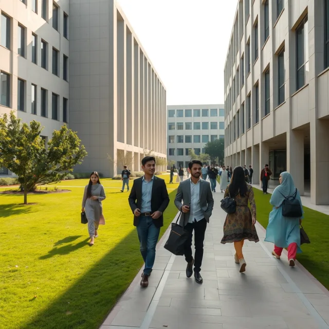 The main building of a modern engineering university campus in Pakistan
