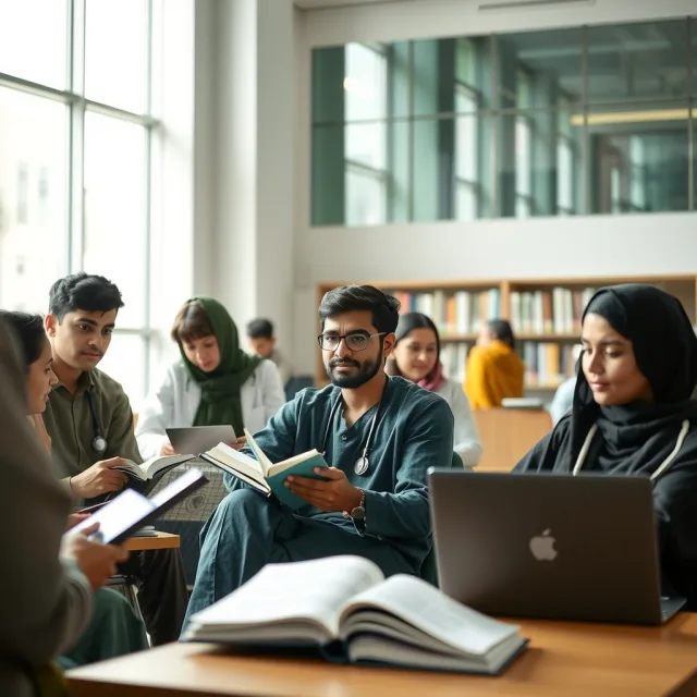 Pakistani medical students in a library setting