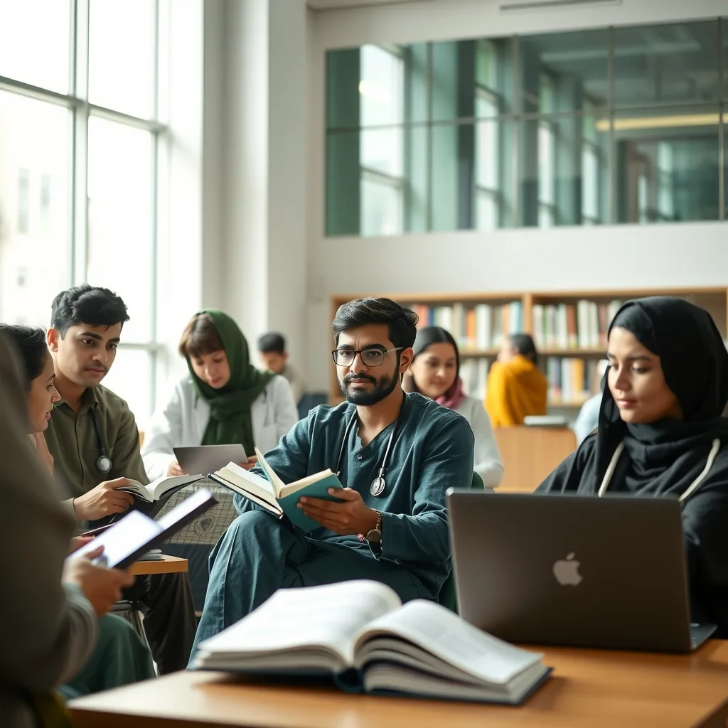 Pakistani medical students in a library setting
