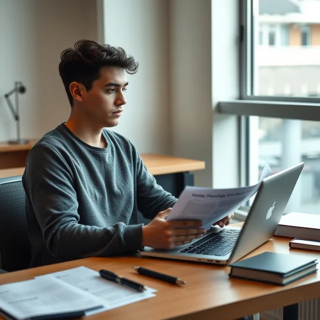 A student reviewing application documents for studying abroad at a university desk