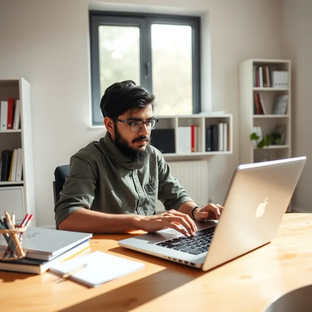 A Pakistani student working on a laptop, representing the online application process for internships.