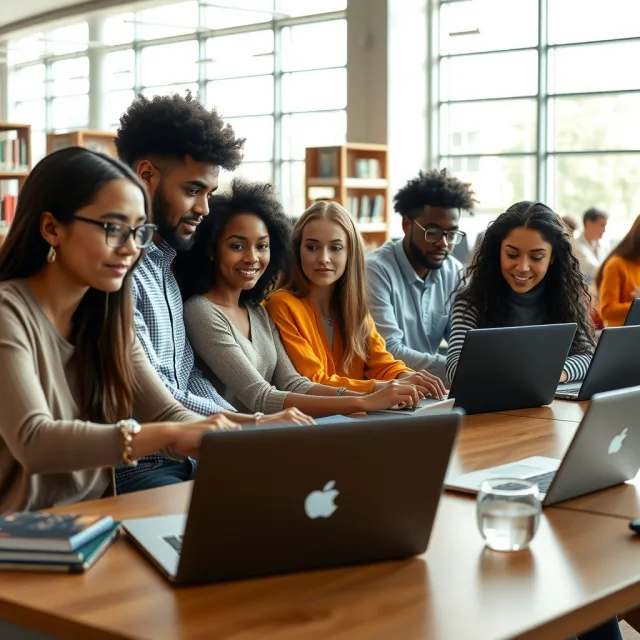 Students engaged in research at a modern university campus library