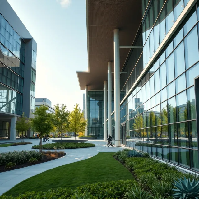 Modern university campus buildings with green landscaping