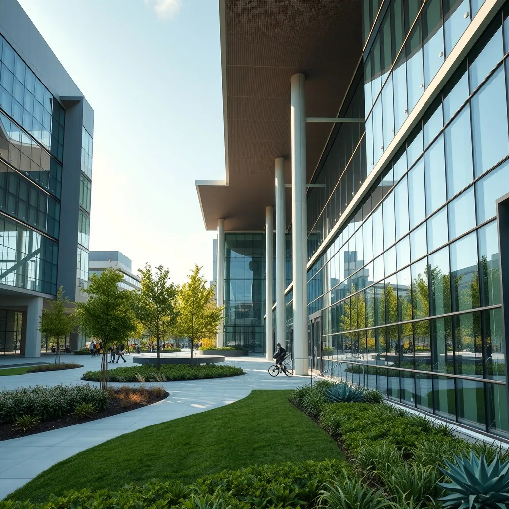 Modern university campus buildings with green landscaping