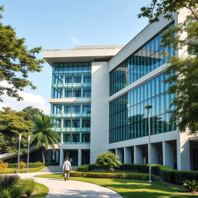 The modern campus architecture of the University of Liverpool's new location in Bengaluru.