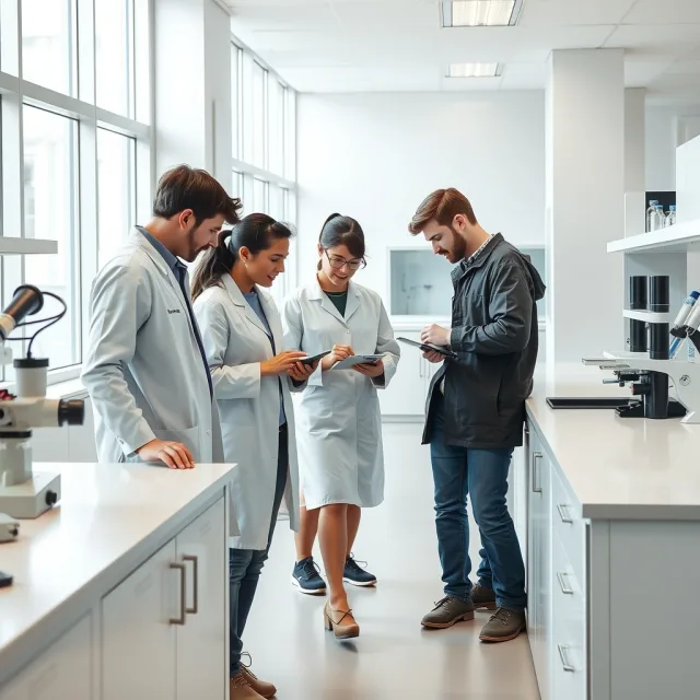 University students working in a modern science laboratory setting