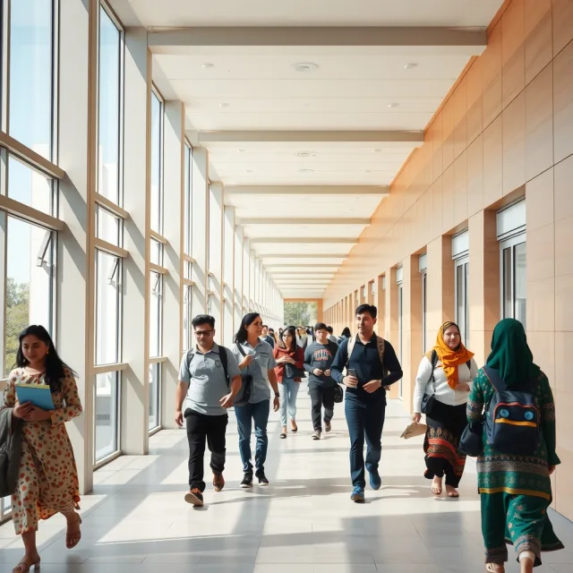 Students walking near a modern university campus building in Pakistan during admissions season