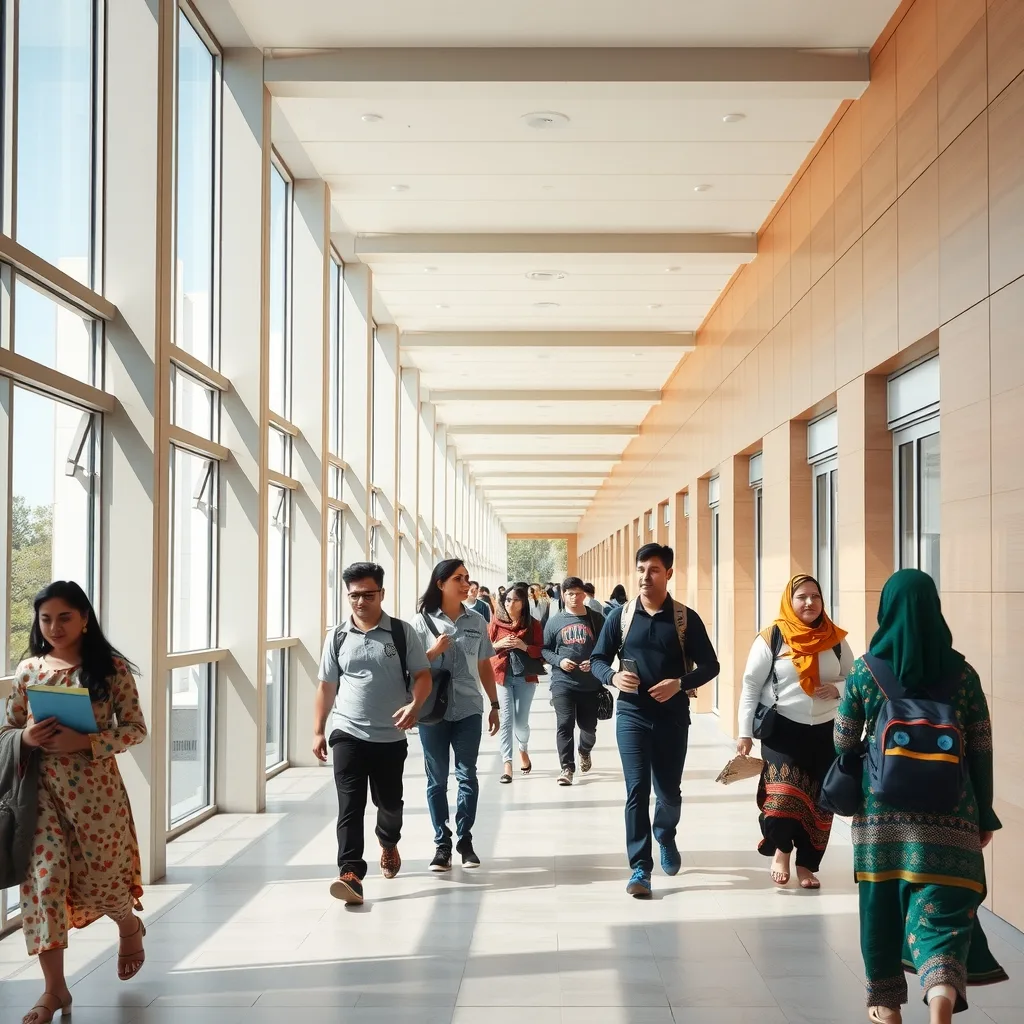 Students walking near a modern university campus building in Pakistan during admissions season