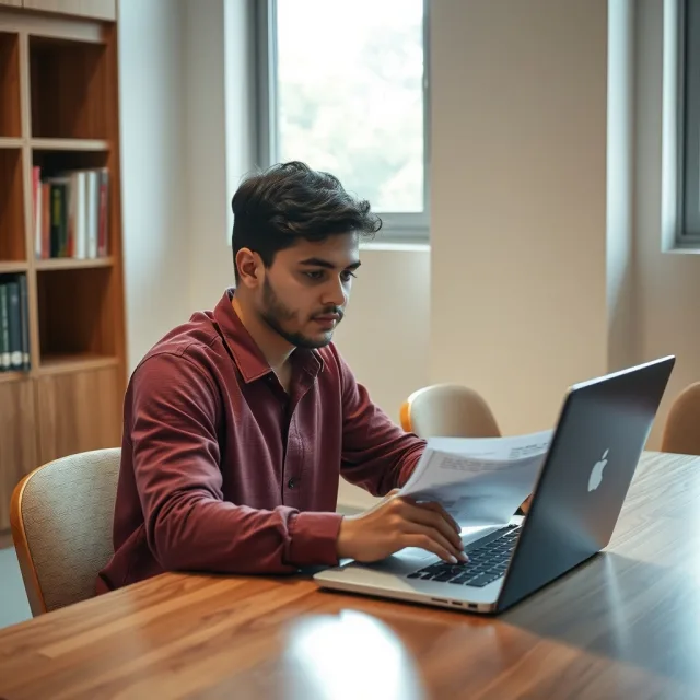A Pakistani student reviewing study abroad updates on a laptop at a modern campus desk.