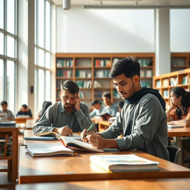 Pakistani students researching in a modern university library