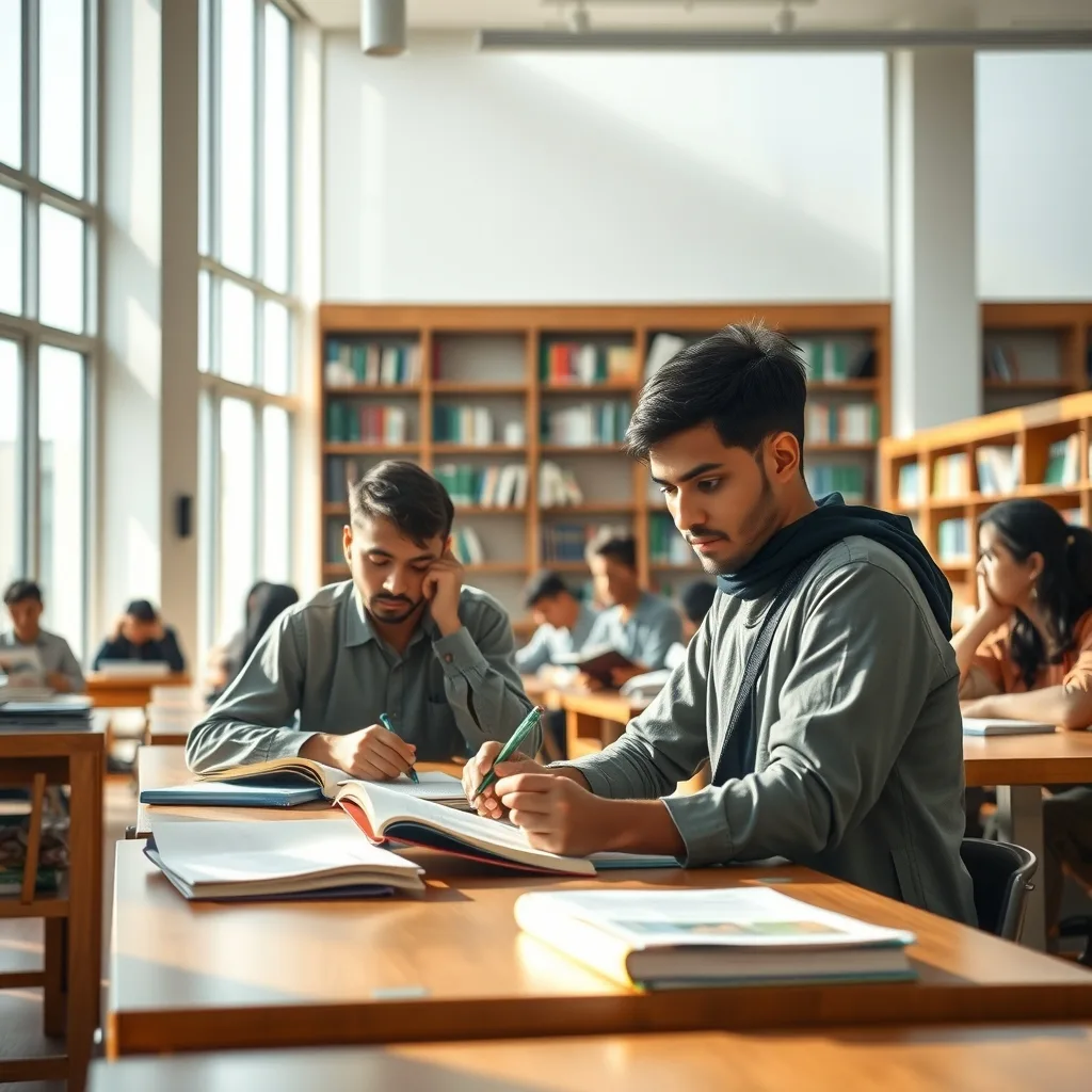 Pakistani students researching in a modern university library