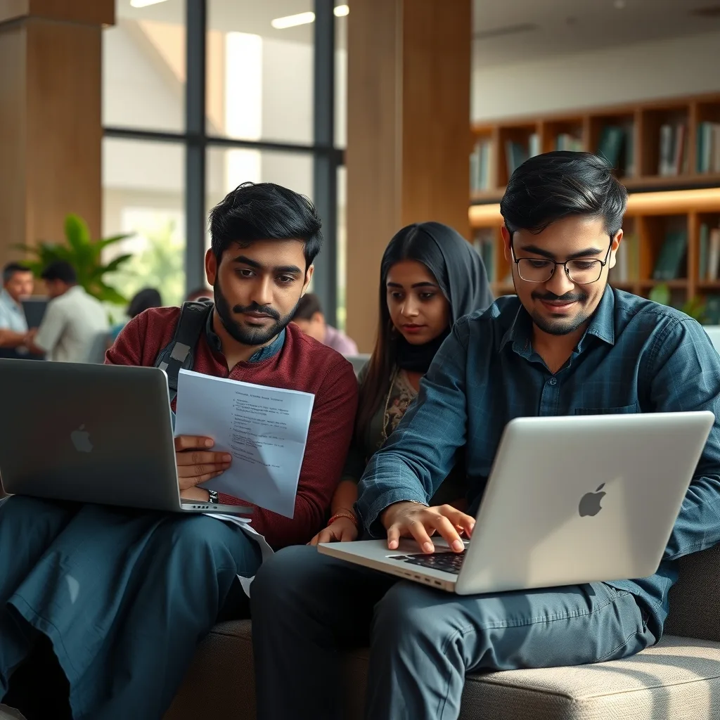 International students reviewing university documents and visa policies on a laptop
