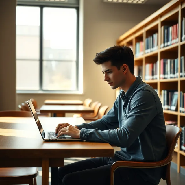 A student working on a laptop reviewing international study abroad guidelines and US university policies.