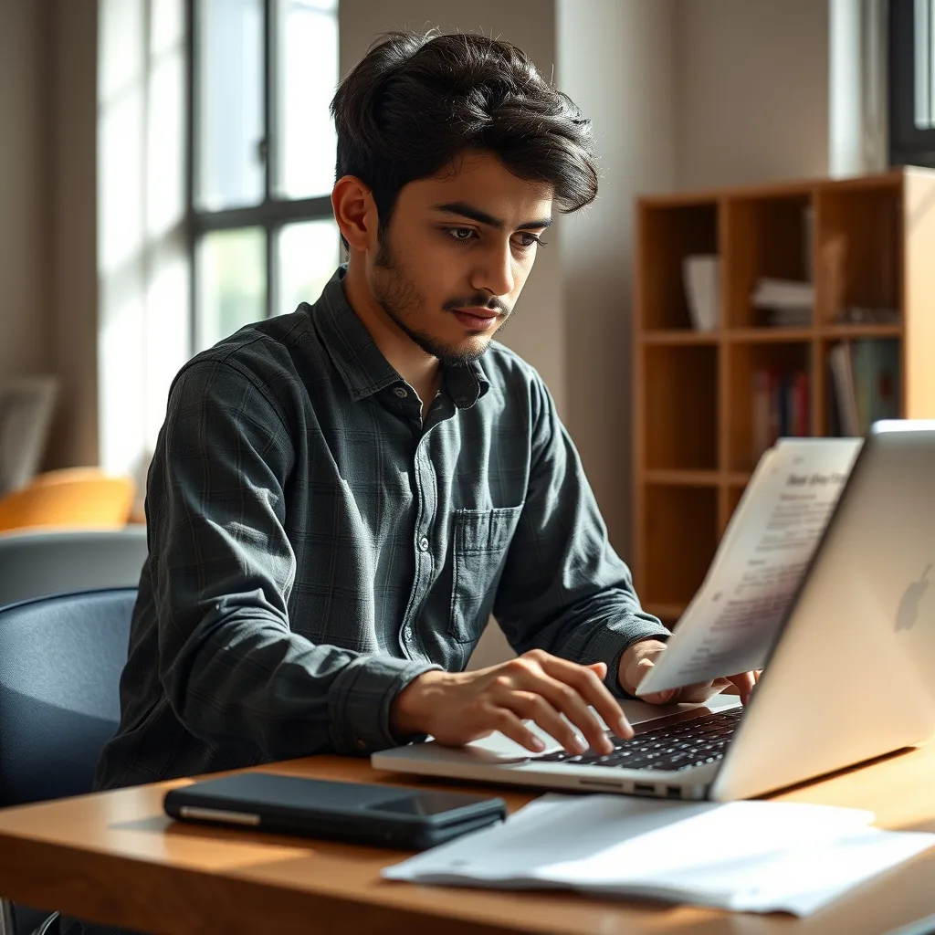 A Pakistani student reviewing scholarship documents carefully on a laptop in a well-lit room.