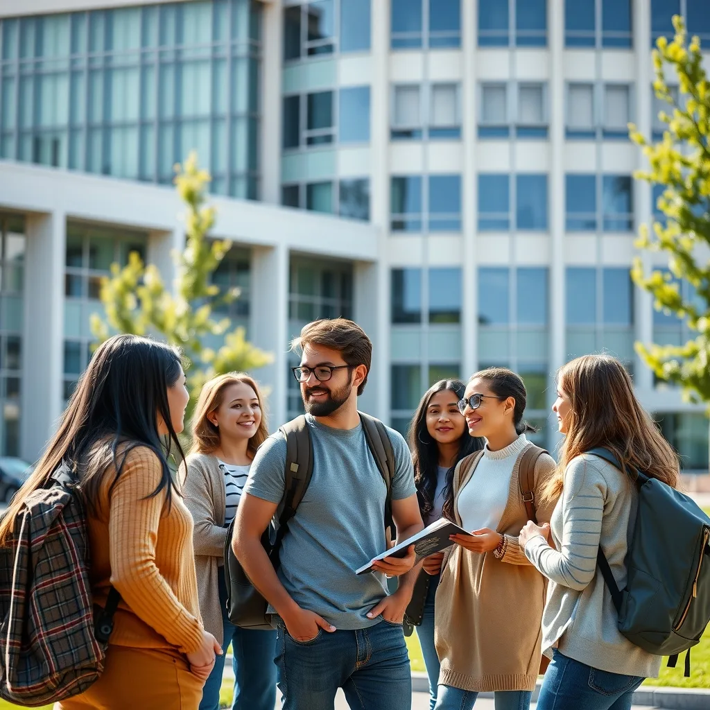 Pakistani students discussing study abroad options and university admissions on a campus lawn.