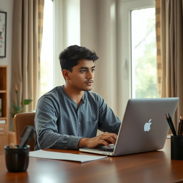 A student using a laptop to check university admission status online.