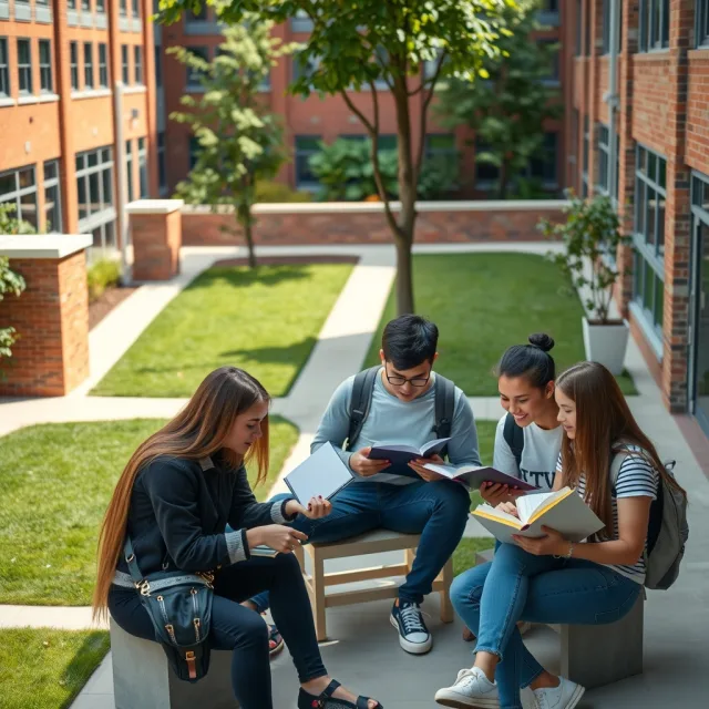Students studying on a modern university campus with books and laptops