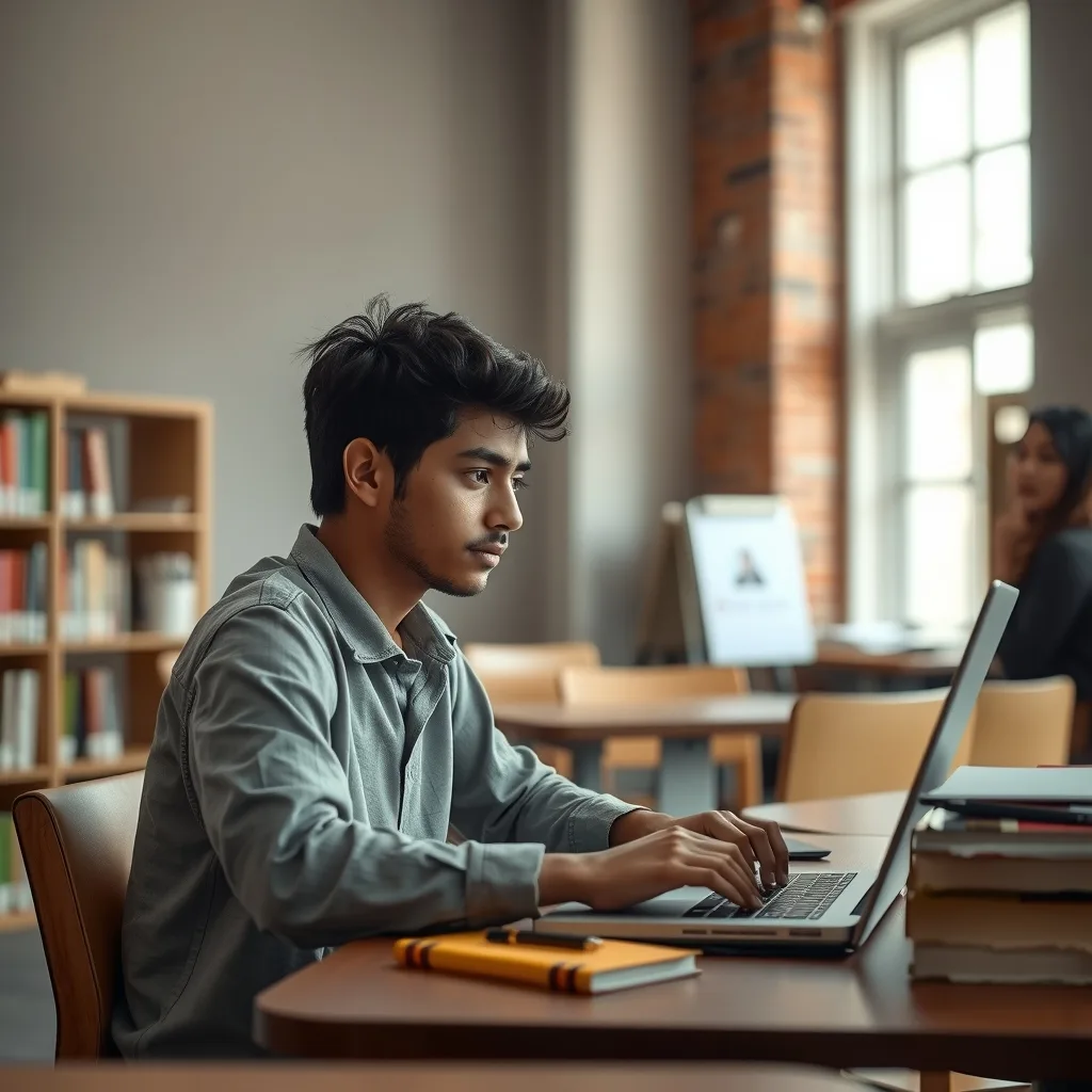 A student studying at a university desk in Pakistan representing academic focus and research