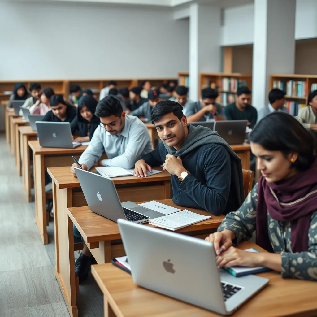 Pakistani university students working on research laptops in a campus library