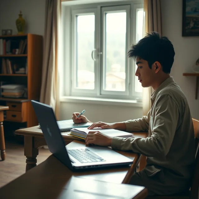 A student studying at a desk with a laptop and books representing AI homework impact