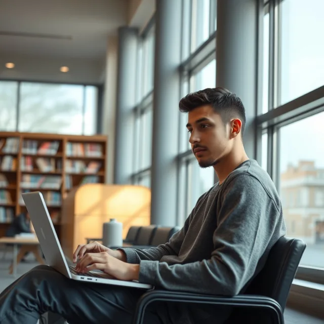 International students reviewing world university rankings on a laptop in a modern library