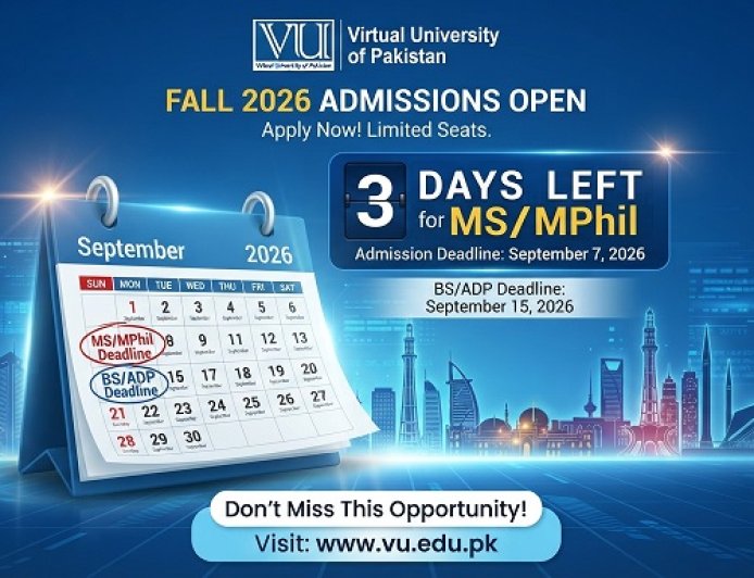 3 Days Left for VU MS/MPhil Fall 2026: How to Apply Before 7 Sept, BS Deadline 15 Sept